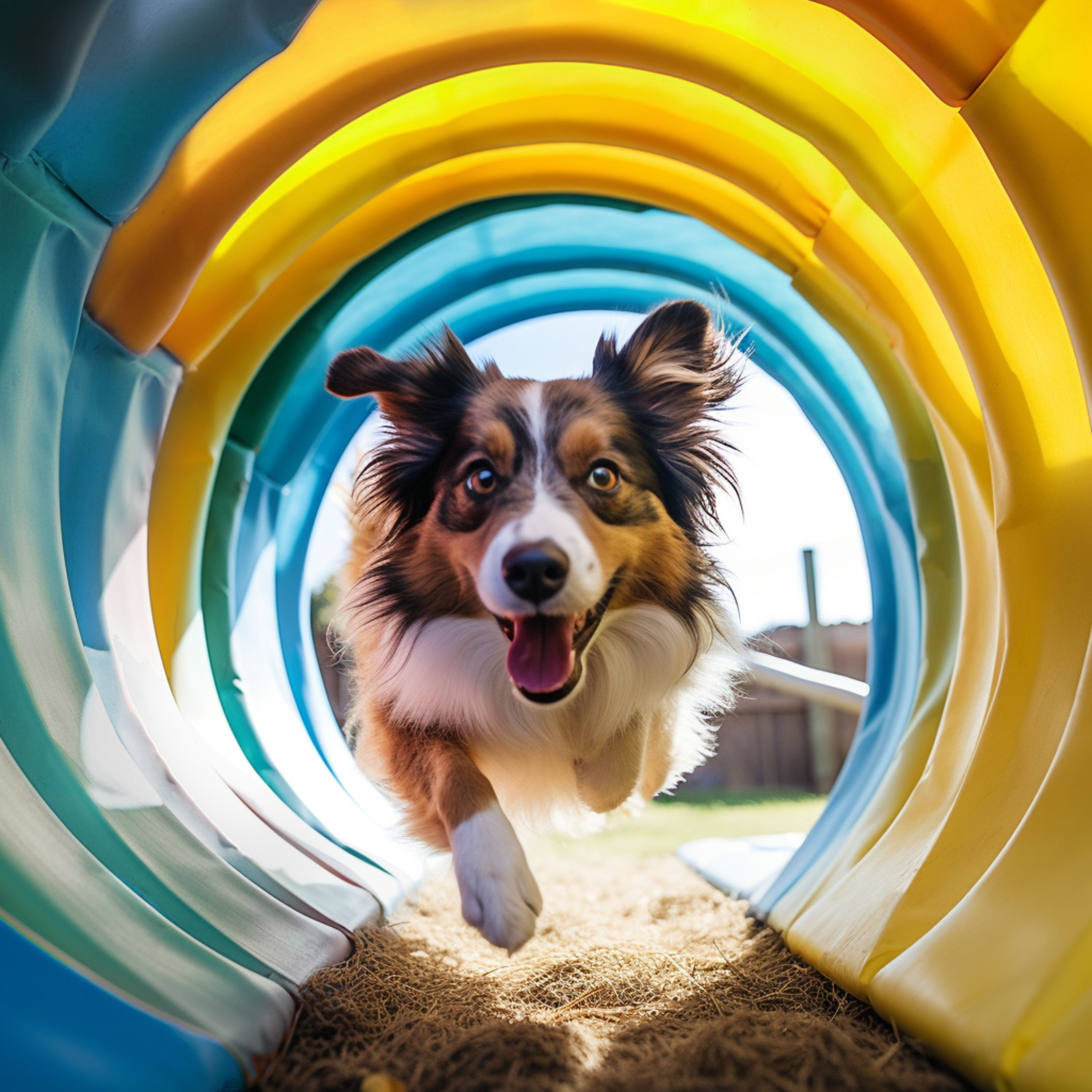 Border collie dog running through agility tube